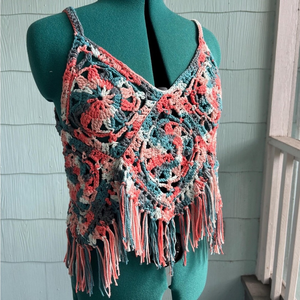 Handmade Crochet Crop Top with Fringe - one size fits most